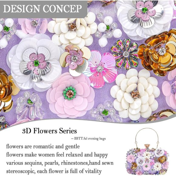 Purple Multicolored 3D Flower Clutch Handbag with Chain Strap for Evening, Weddi - Picture 6 of 7